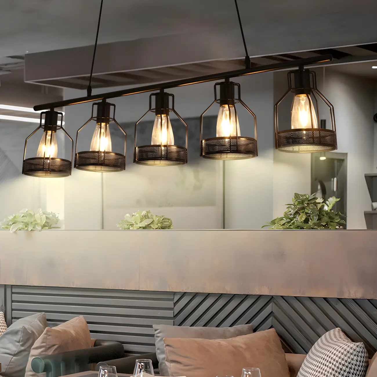 Industrial Black Metal Cage Large Island Pendant Light