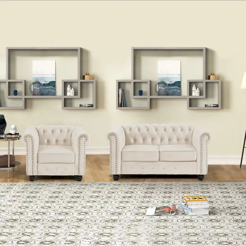 Classic Tufted Velvet Upholstered Chesterfield Club Chair & Loveseat 2 Pieces with Nailhead for Living Room
