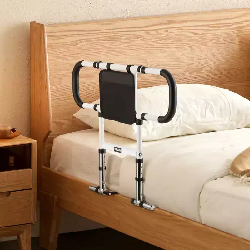 VEVOR Bed Rail for Elderly, Foldable & Extendable Bedside Assist Rail with Side Handles & PU Handrail, Black+Natural