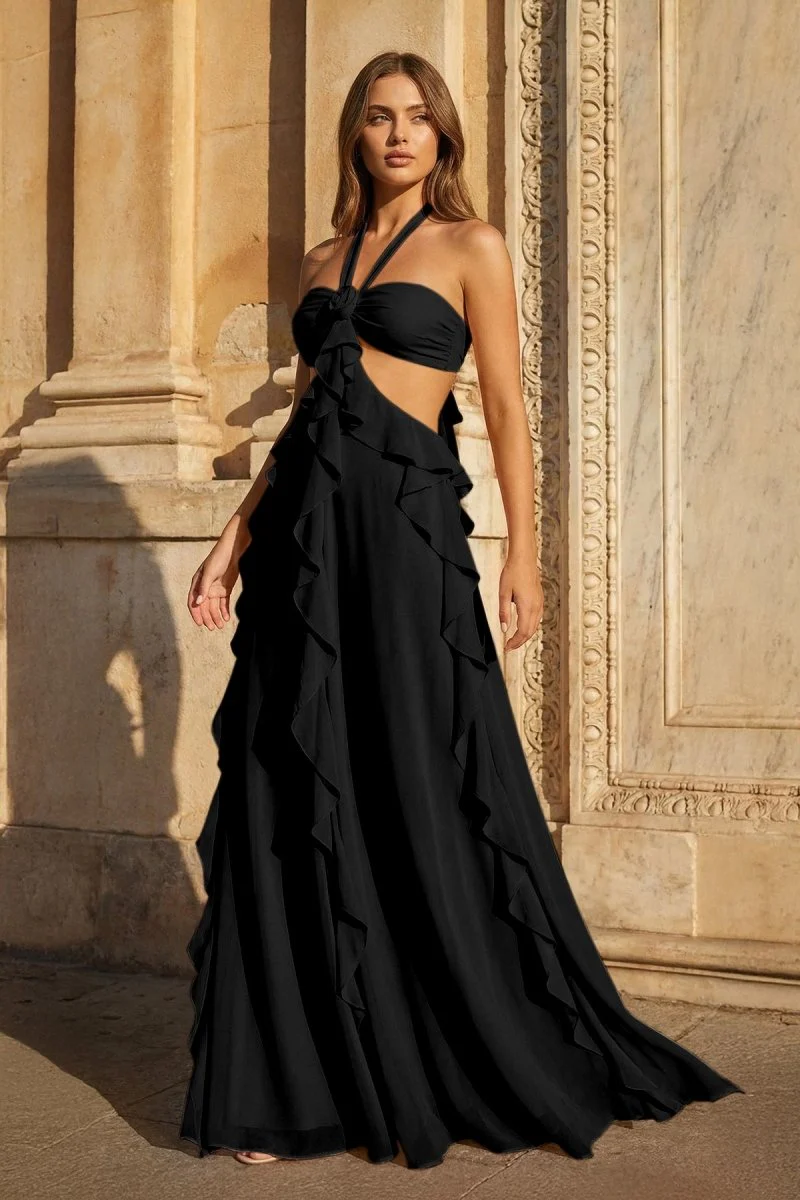 Pink A-Line Halter Chiffon Ruffled Long Prom Dresses With Cut Out