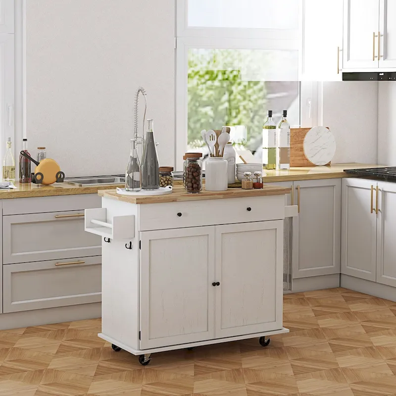 Kitchen Island with Storage, Farmhouse Rolling Kitchen Island Cart on Wheels with Drawer, 2 Cabinets, Rubberwood Top