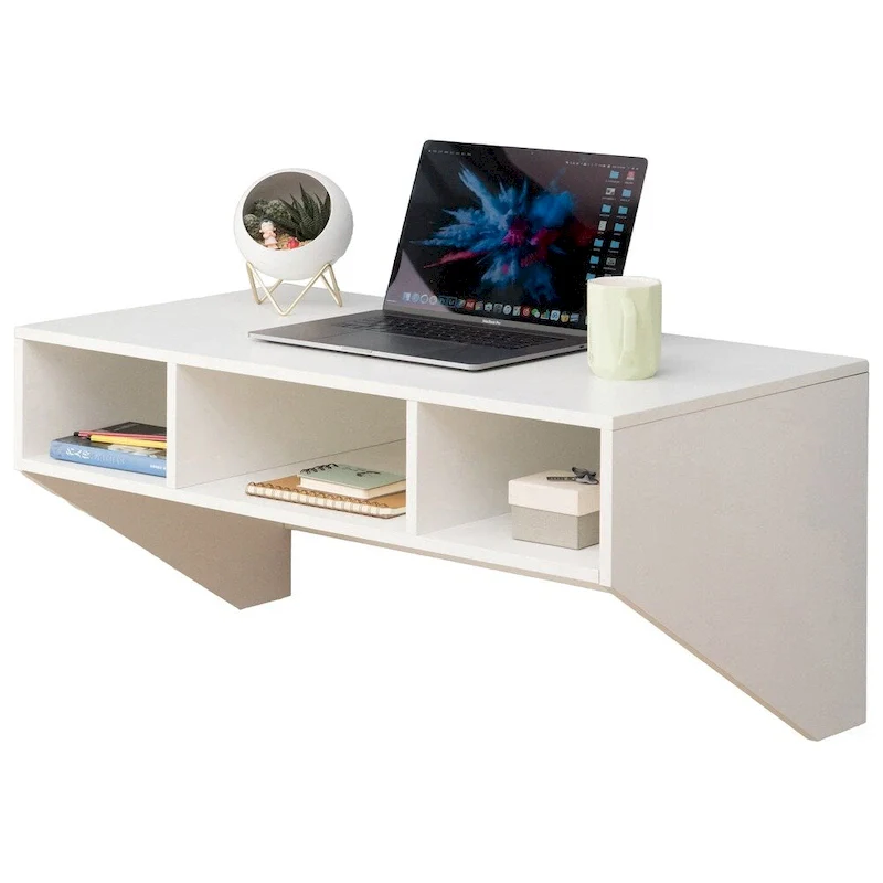 Wall-Mounted Computer Desk with Cabinet, 3 Open Compartments, Optional Hutch, White / Brown, 1-Person Use