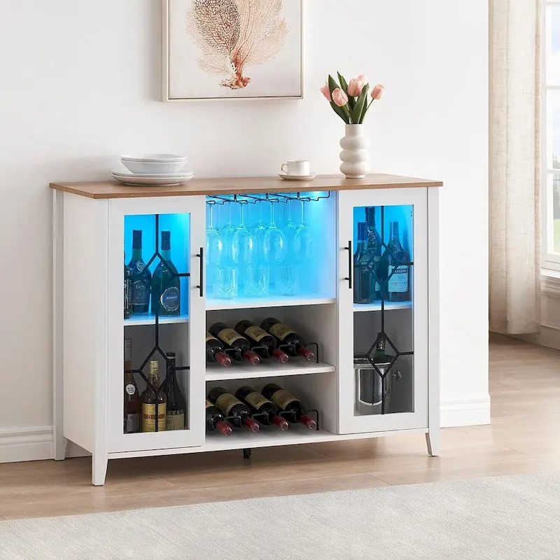 Wine Bar Cabinet with LED Lights and Glass Doors