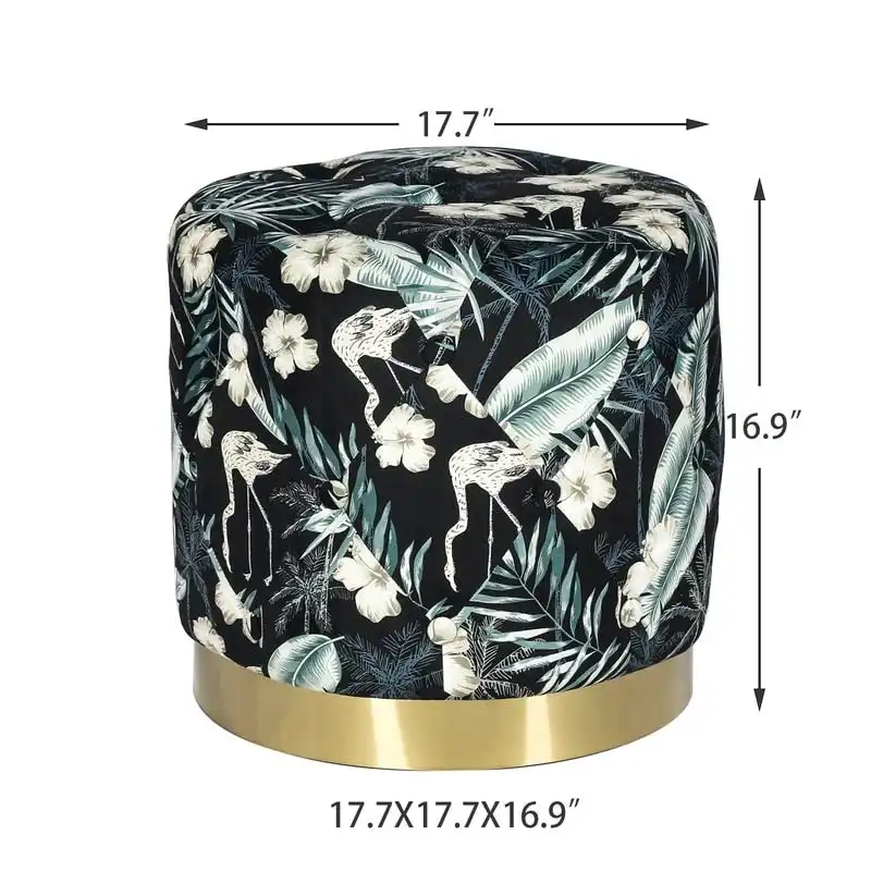 Adeco Round Flower Velvet Ottoman Foot Stool with Gold Trim Foot Rest