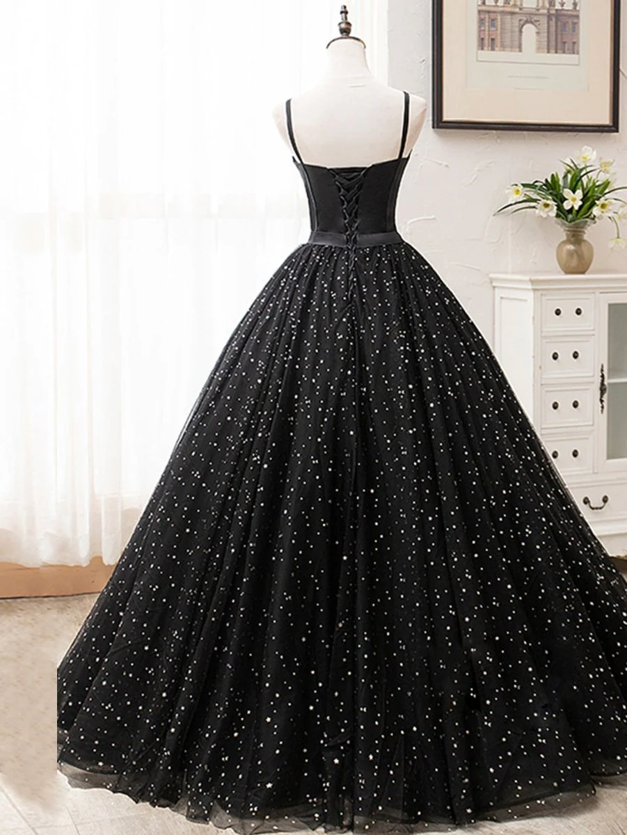 Spaghetti Straps Glitter Black Long Prom Dress