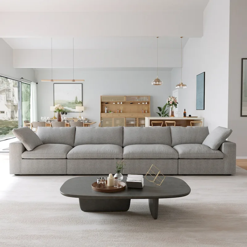Modern Linen Down Filled Overstuffed Upholstered Sectional Sofa