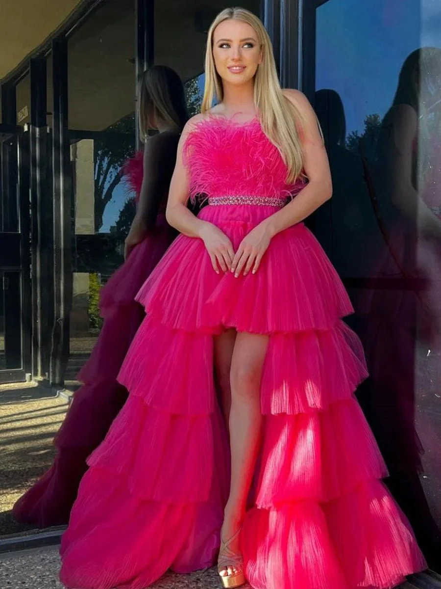 Fuchsia A-line High-Low Strapless Ruffled Tulle Prom Dress with Feathers