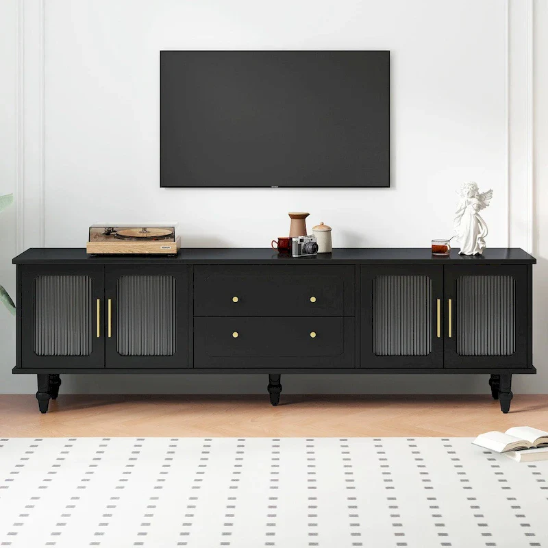 Black/White Fluted Glass TV Stand with 2 Drawers & Cabinets, Seats 1–2