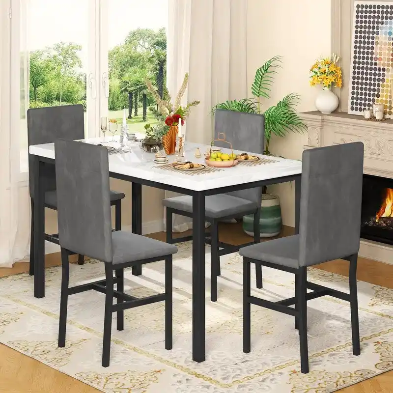 Grondin Modern Style Faux Marble Top 5-Piece Casual Dining Set with 4 Velvet Upholstered Dining Chairs
