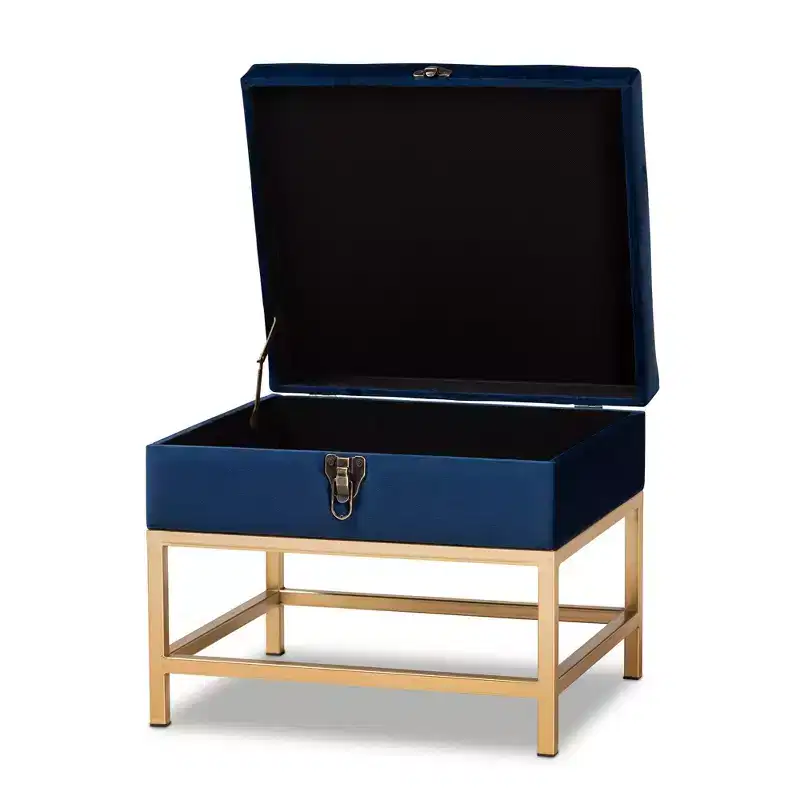 Aliana Fabric and Metal Ottoman Navy Blue/Gold - Baxton Studio