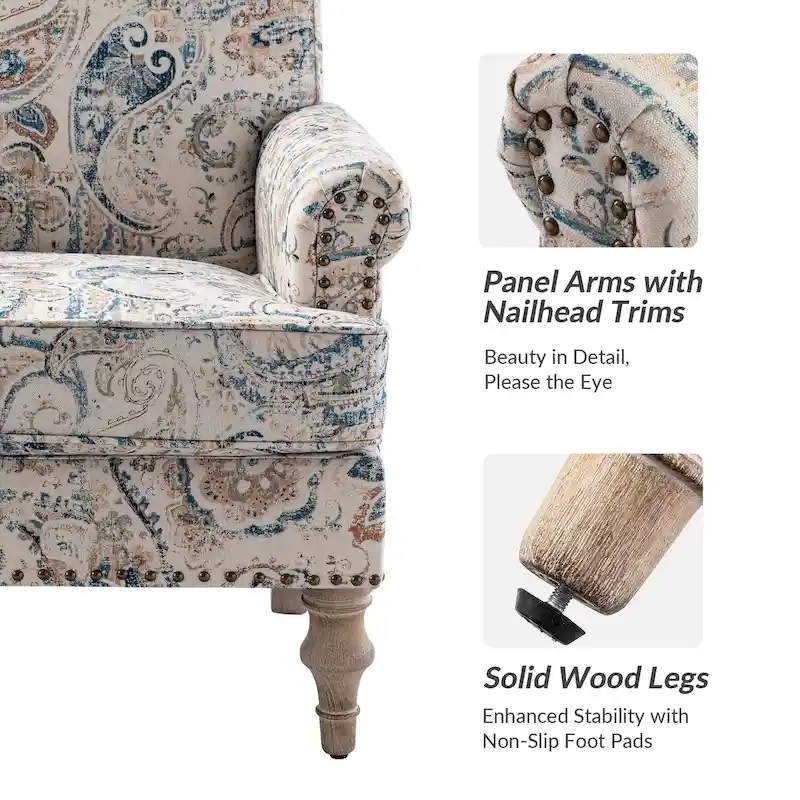 Grey/Navy Farmhouse Nailhead Camelback Armchair, 1-Person