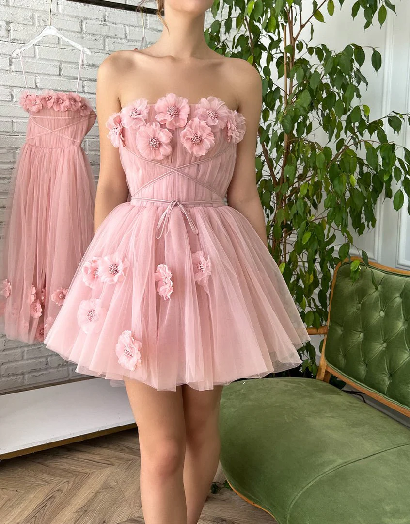A-line Short Homecoming Dress with Handmade Flowers