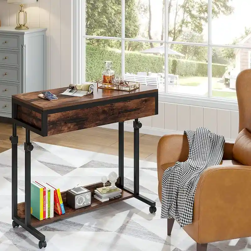 Height-Adjustable Side Table with Drawers and Wheels