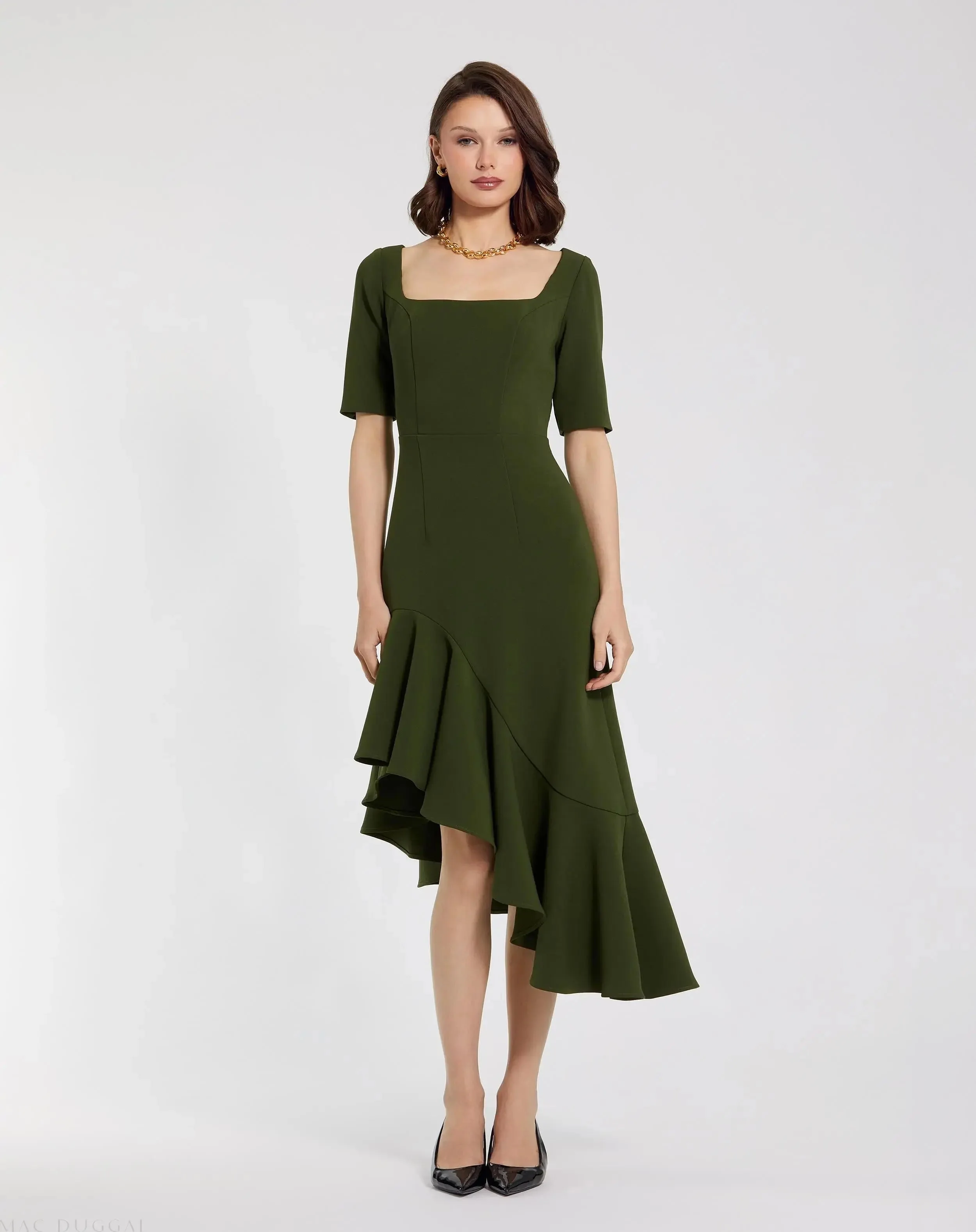 Green Crepe 3/4 Sleeve Asymmetrical Hem Dress - FINAL SALE