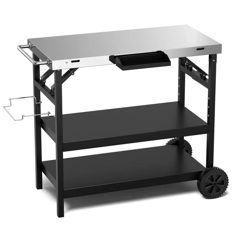 3-Tier Foldable Outdoor Cart with Wheels and Phone Holder, 42 x 20.5 x 33 in