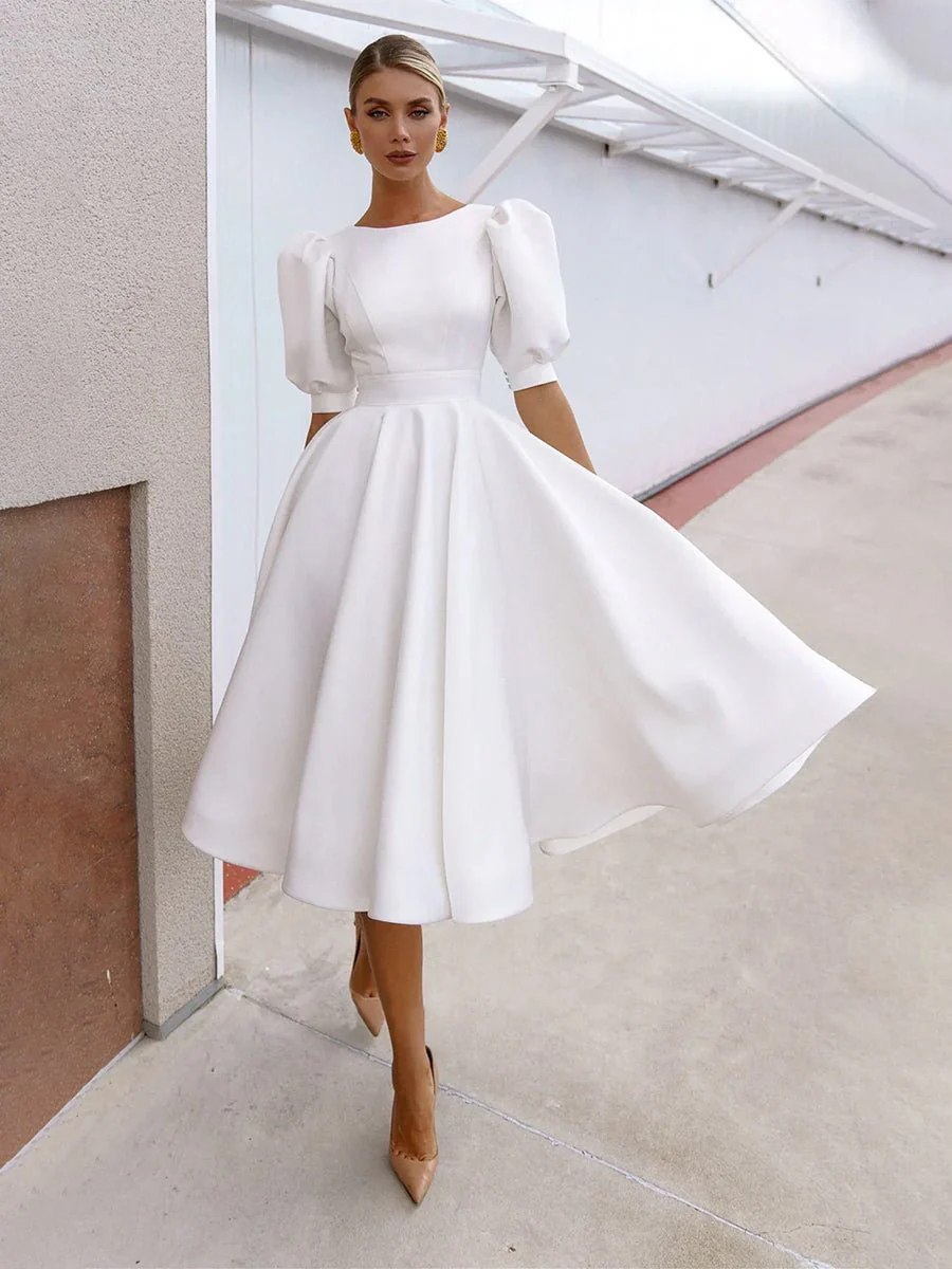 Elegant Bateau A Line Satin Knee-length Wedding Dress