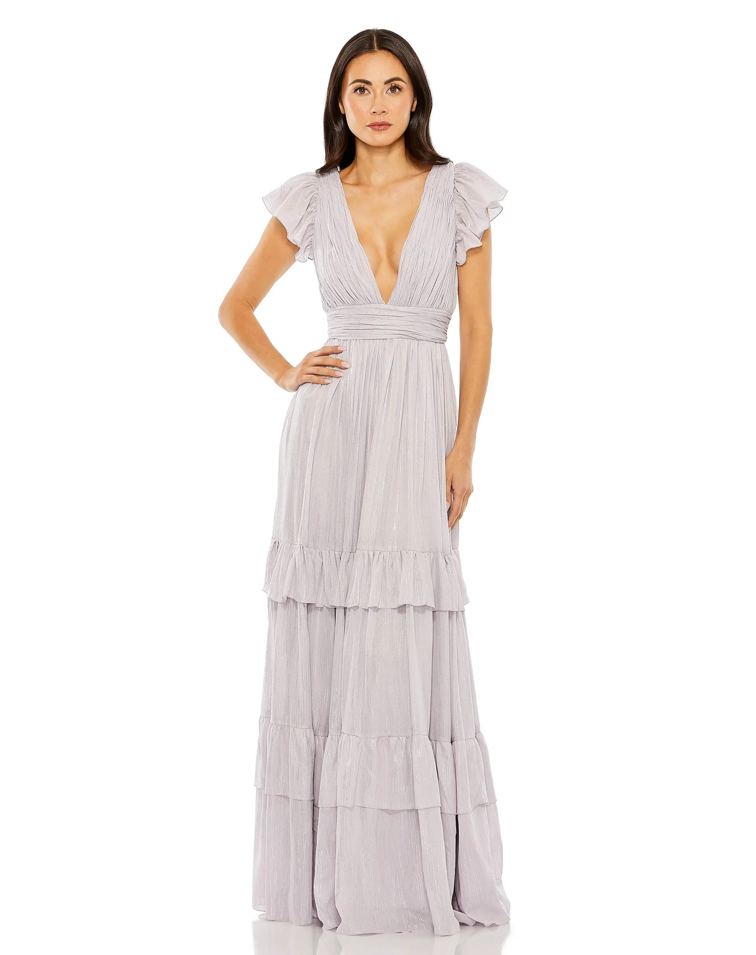 Flutter Sleeve Deep V Tiered Ruffle Gown | Sample | Sz. 2