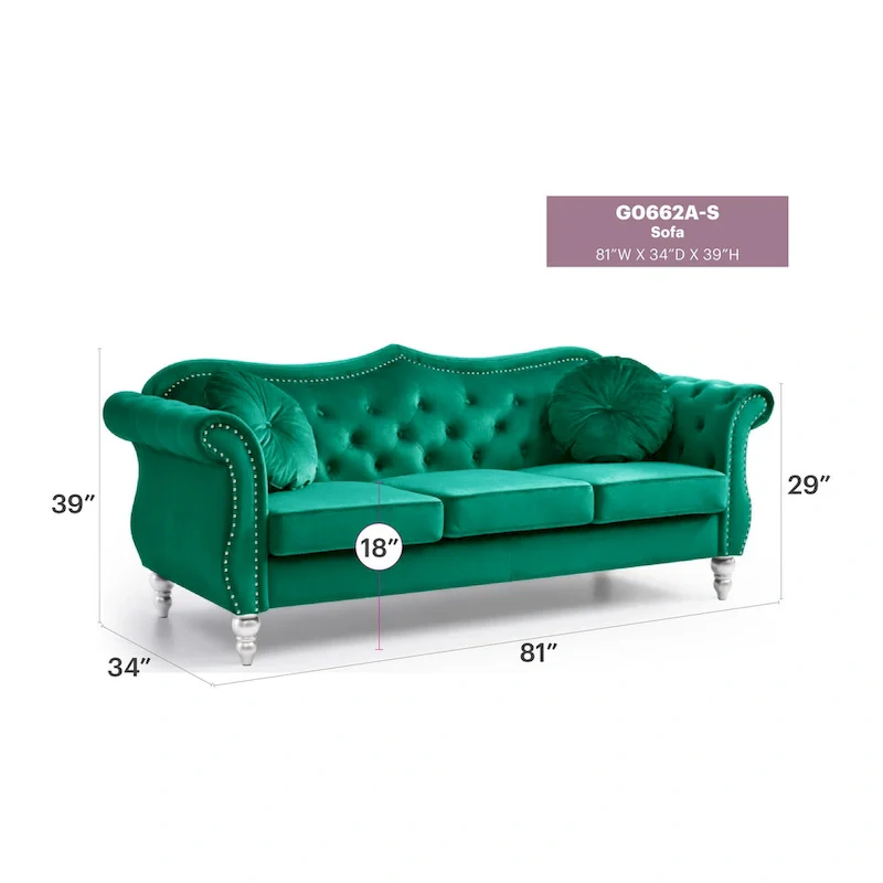 Hollywood 82 in. Velvet Chesterfield 3-Seater Sofa with 2-Throw Pillow - 82L x 35W x 34H