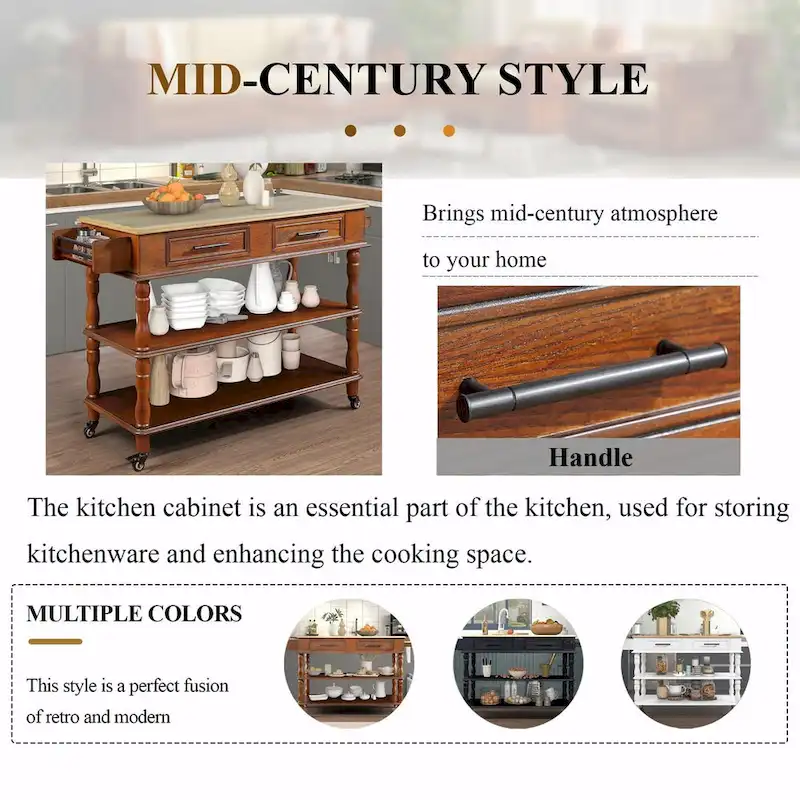 Rolling Kitchen Island Cart with Solid Oak Wood Top, Wine and Spice Rack