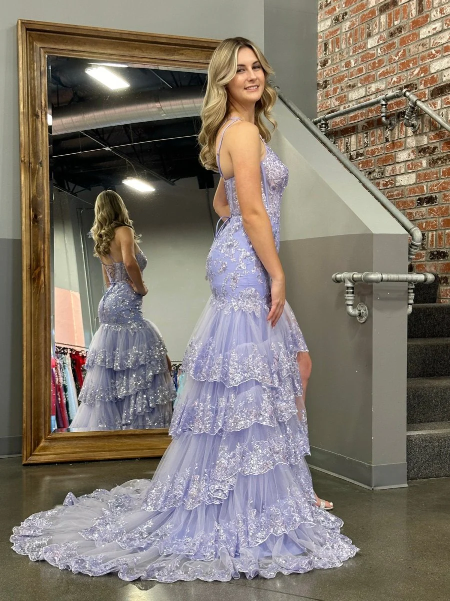 Sheath One Shoulder Tiered Lace Long Prom Dress