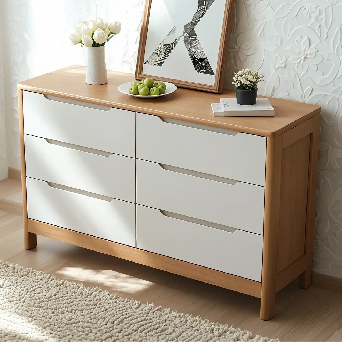 Horizontal Natural Rubberwood Dressers with 6-Drawer