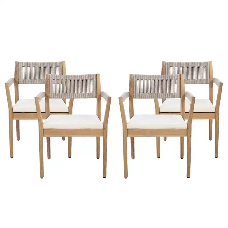 NAYSAYE Patio Dining Sets Braided Acacia Wood Dining Chairs with Cushions and Armrests for Garden Poolside, Cream and Beige, 23.25*21.5*32.25