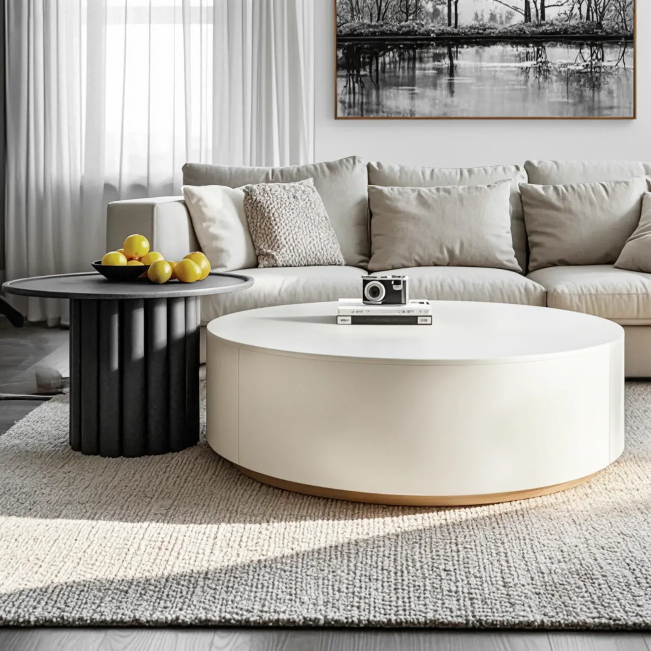 Black White Modern Stylish Round Wood Drawer Coffee Table