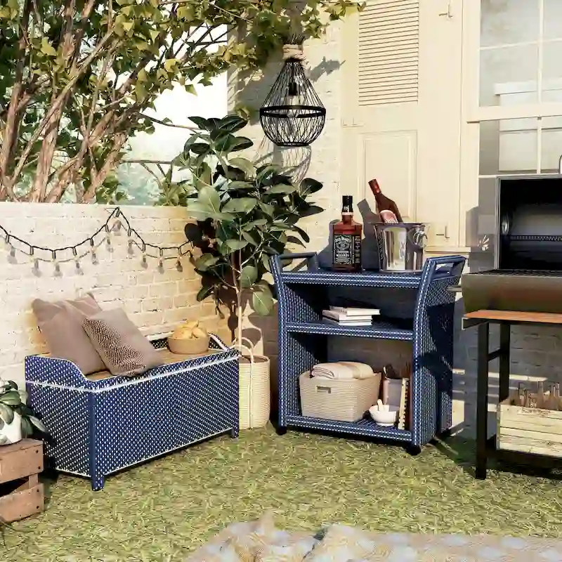 Courtnie Beach Navy Wicker 2-piece Storage Bench and Serving Cart Set by Furniture of America