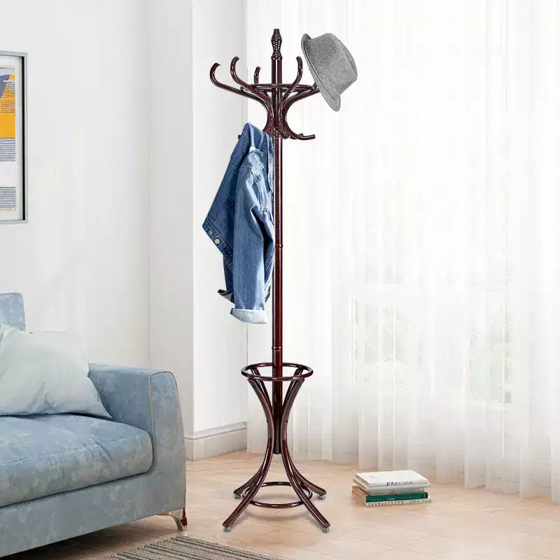 Costway Wood Standing Hat Coat Rack Jacket Bag Hanger Tree 12 Hooks Reddish Brown w/ Umbrella Stand