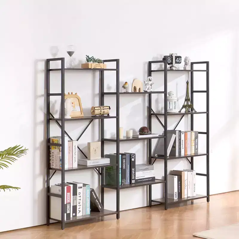 VEVOR Triple Metal Bookshelf, 11-Tier Industrial Bookshelf, Large Rustic Vintage Storage Bookcase with Open Shelves, Freestanding Display Shelving