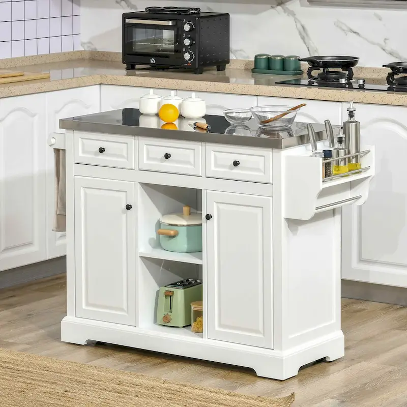 Rolling Kitchen Island with Storage, Stainless Steel Top, Spice Rack
