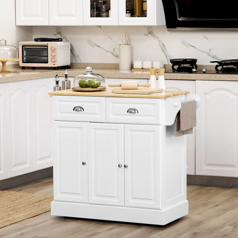 White / Grey Rolling Kitchen Island Cart with Rubberwood Top, Drawers & Cabinets – Single
