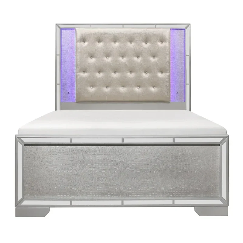 Silver LED Faux Leather Upholstered Tufted Bed