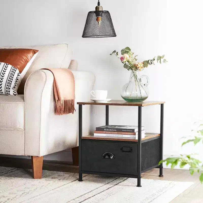 Nightstand, 3-Tier Bedside Table with Drawer, 2 Shelves, Fabric Drawer Dresser, Industrial End Table, for Hallway, Closet, Rustic Brown and Black