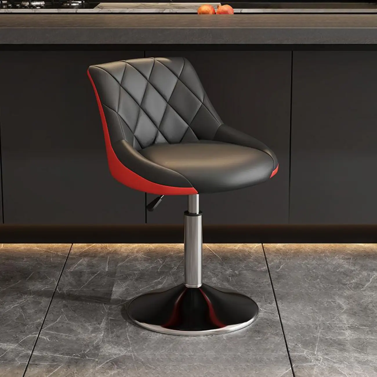 Diamond Tufted Swivel Bar Stool Adjustable Black Red PU Leather