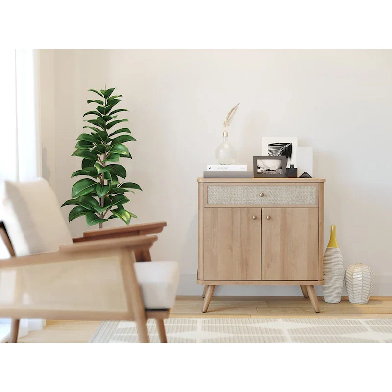 Natural Oak Rattan Storage Cabinet with 1 Drawer 2 Doors