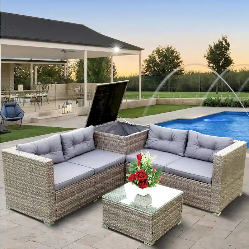 Outdoor Wicker 4 Piece Sectional Sofa Set with Storage Box