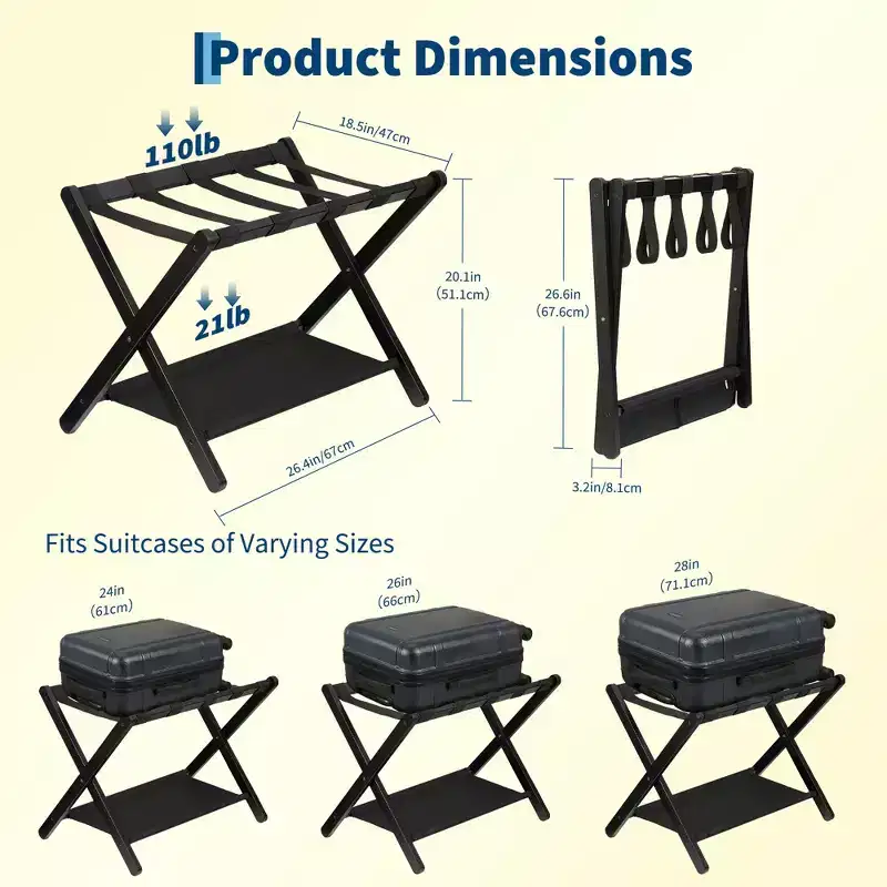 Folding Bamboo Luggage Stand with Storage Shelf Durable Nylon Straps Holds 110 lbs for Suitcases Bedrooms Guest Rooms Living Rooms Hotels