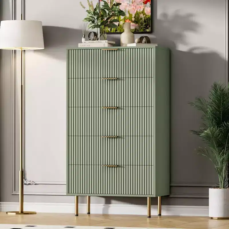 Acekool 5 Drawer Dresser, Tall Modern Chest with Fluted Panels & Wide Gold Handles, Bedroom Storage Organizer for Closet, Living Room, Entryway