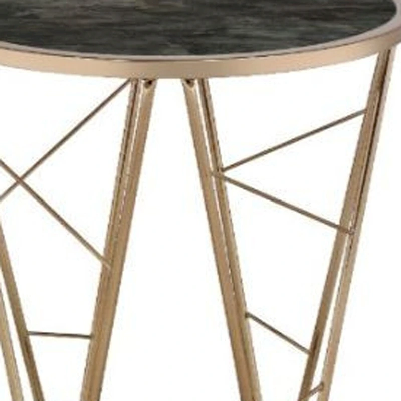HomeRoots 24 Champagne And Black Faux Marble Glass And Metal Round End Table - 22' X '24' X '22