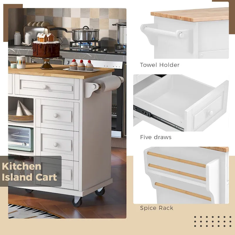 Rubber Wood Desktop Kitchen Cart Featuring Five Drawers, Concealed Cabinet, Adjustable Shelves and Smooth Rolling Wheels