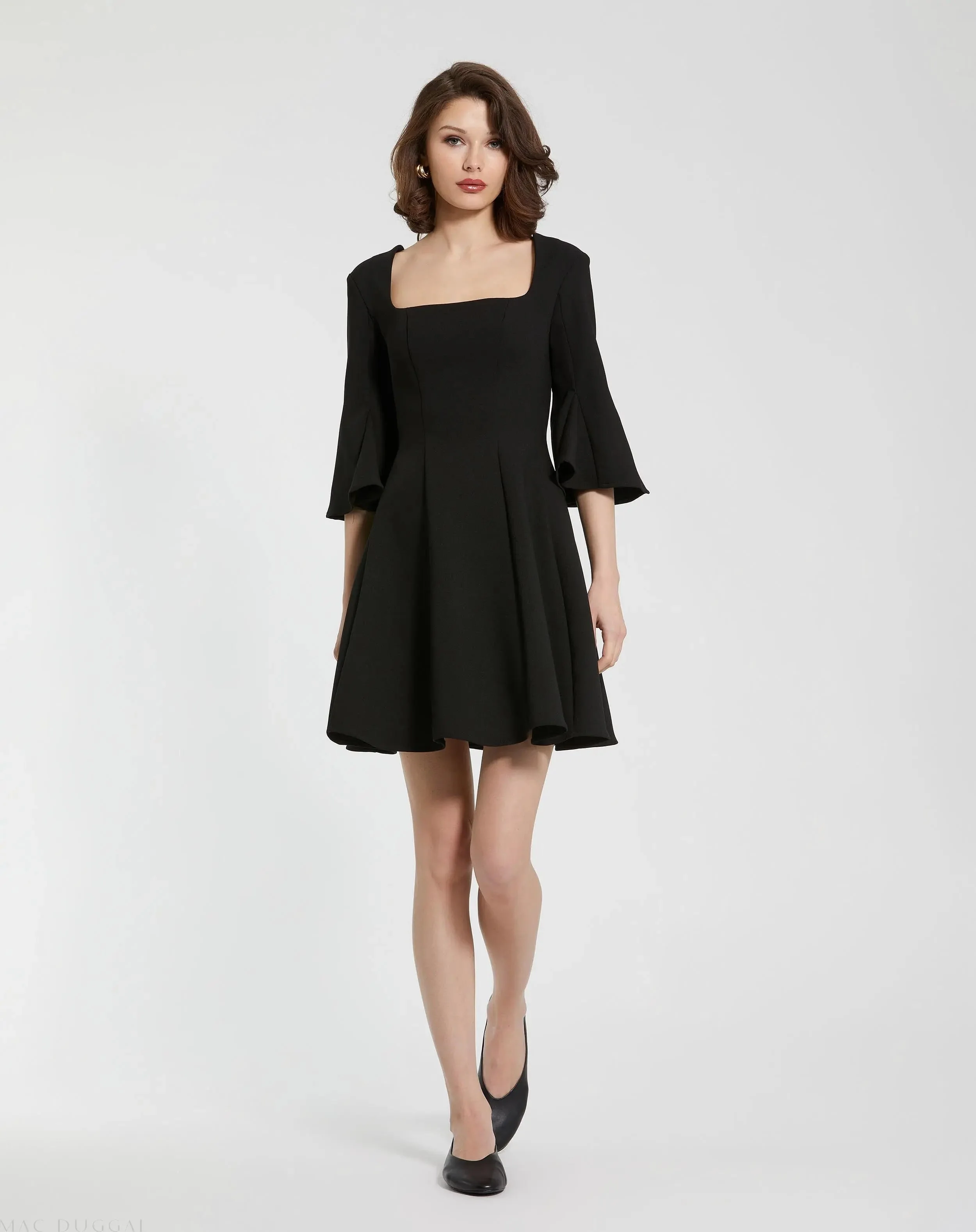 Black Crepe Square Neck 3/4 Sleeve Godet Mini Dress