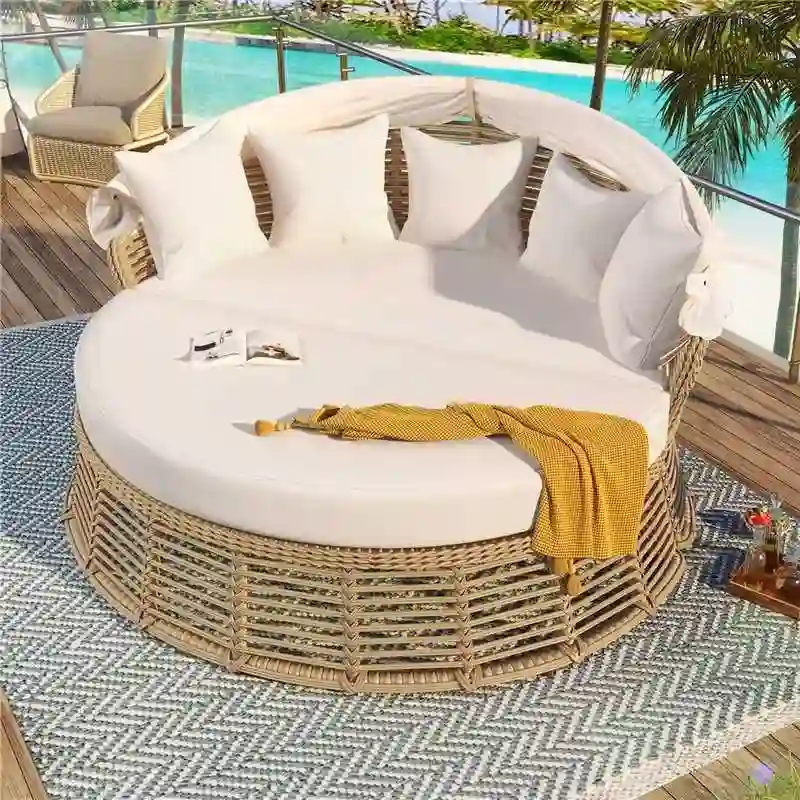 Outdoor Rattan Round Daybed with Canopy & Removable Cushions