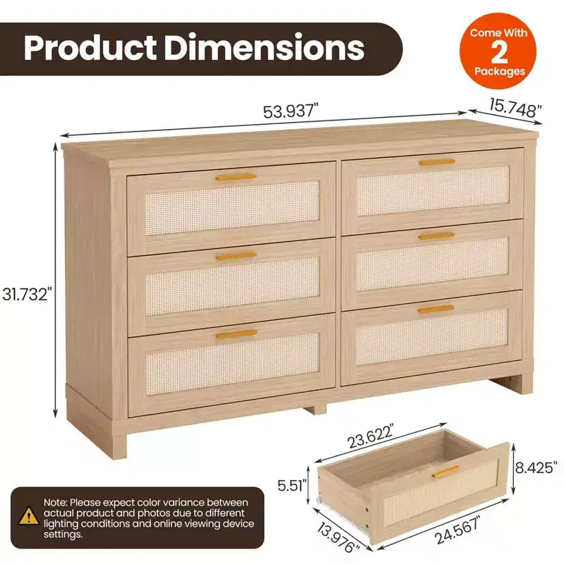 Natural Wood Tone Rattan-Front 8-Drawer Dresser