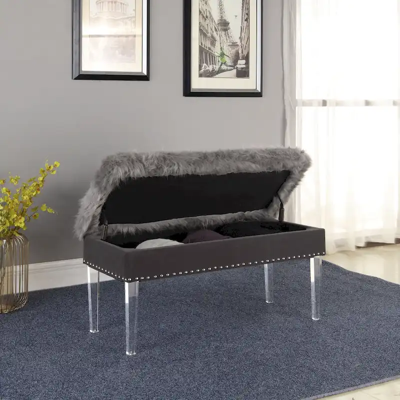 20 Inch Horice Faux Fur Nailhead Storage Bench with Acrylic Leg