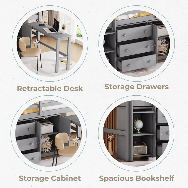 Twin Size Low Loft Bed With Pull-Out Desk, Drawers, Cabinet, and Shelves
