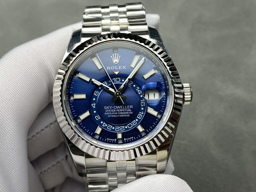 Blue dial Rolex Sky-Dweller super clone replica with Jubilee bracelet and fluted bezel