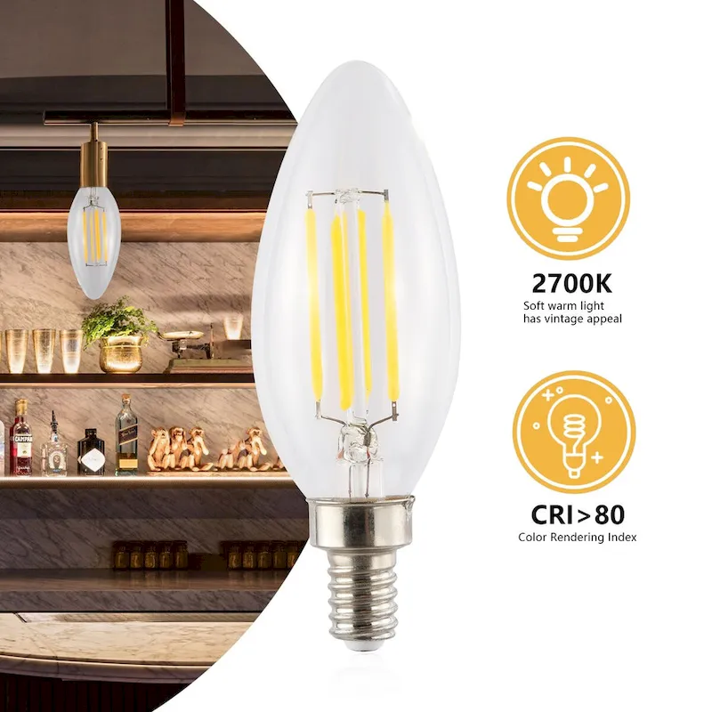 Classic Non-Dimmable C35-4W LED Edison Glass Bulbs with E12 Base, 80+ CRI, Warm White 2700K, Clear (Pack of 6) by JONATHAN Y