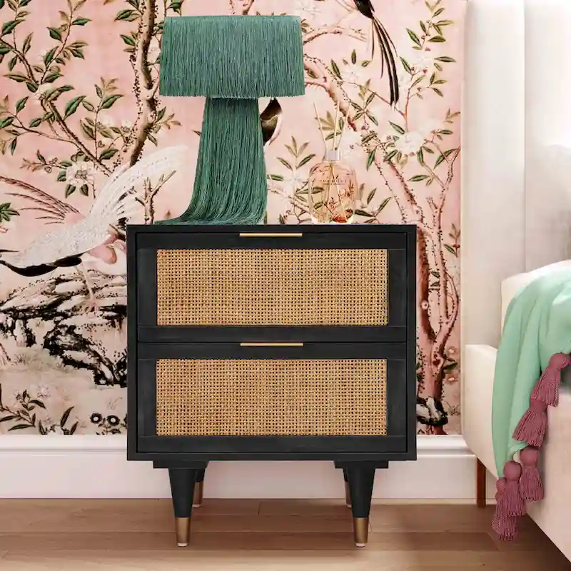 Cane Nightstand with 2 Soft-Close Drawers and Brass Details