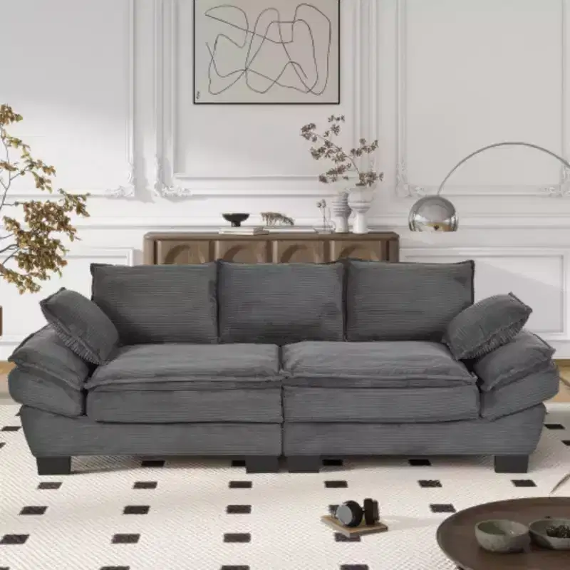 Modern Curved Sofa, Back Upholstered Couch with 2 Decorative Throw Pillows, Corduroy Fabric Couch for Living Room, Bedroom , Apartment
